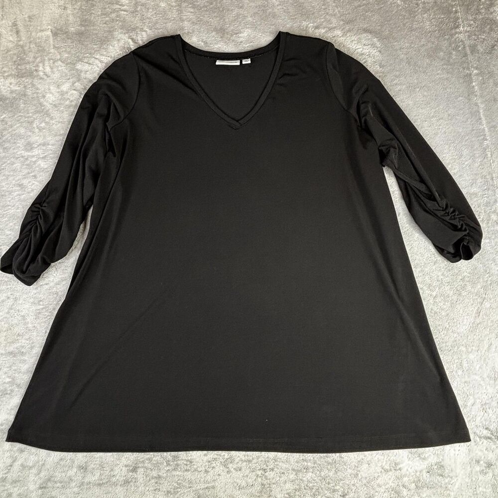 Susan Graver‎ Tunic Shirt Womens 2X Black V Neck Ruched Sleeve Stretch Top